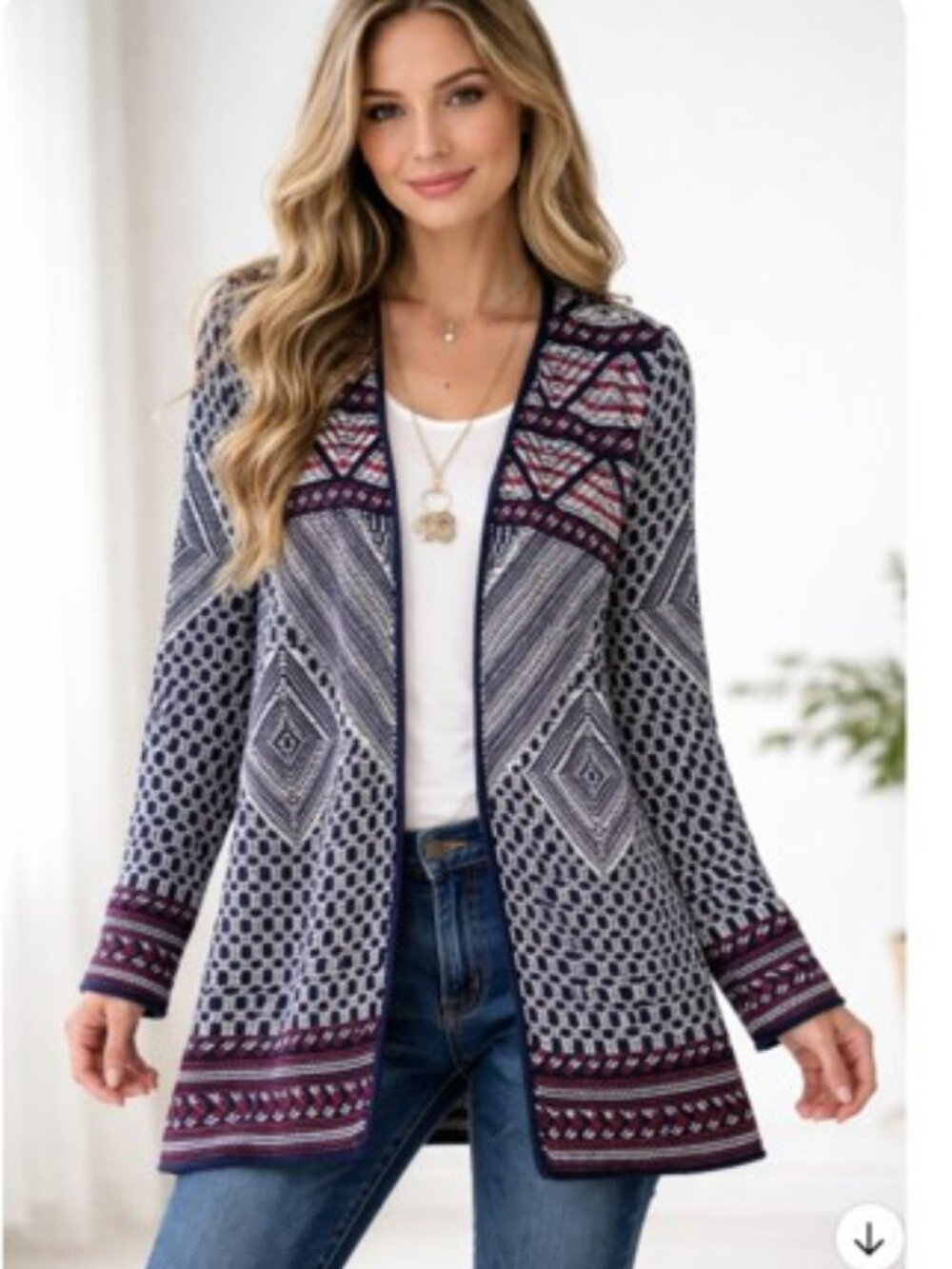 Kasper Women's Open Front Cardigan Sweater Size Medium Red Blue Bohemian Layers